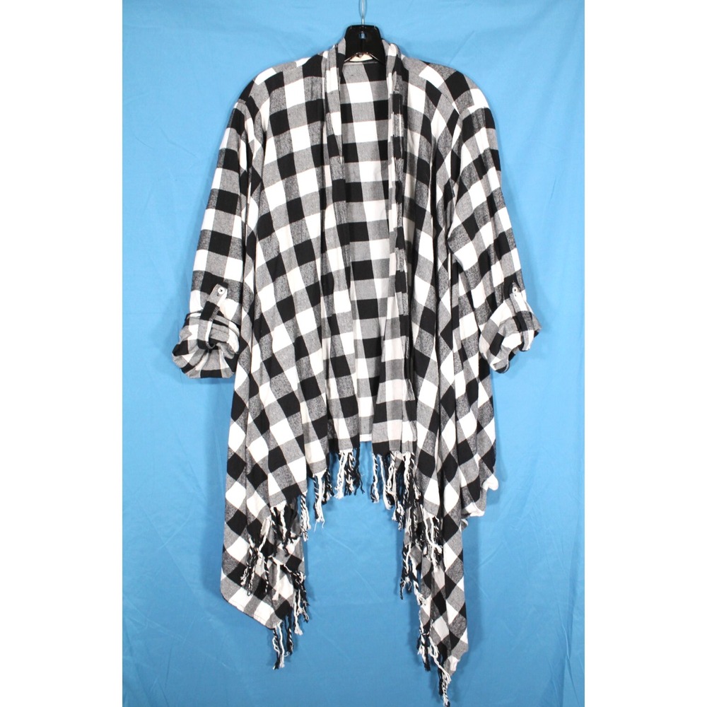 ALTAR'D STATE Black BUFFALO CHECK Open Front FRINGE HEM Flannel DRAPE KIMONO XL
